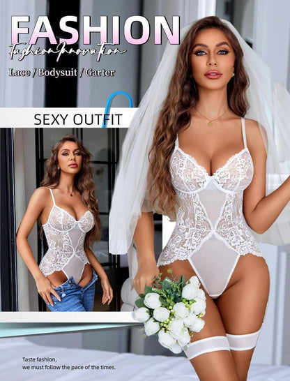 Avidlove Women Sexy Lingerie Lace Bodysuit with Garter Belt & Thigh Straps Mesh Garter Lingerie Set.