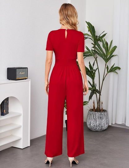 LOOKBOHO Women Dressy Casual Jumpsuits Elegant High Waist Side Ruched Romper Summer Short Sleeves Wide Leg Pants