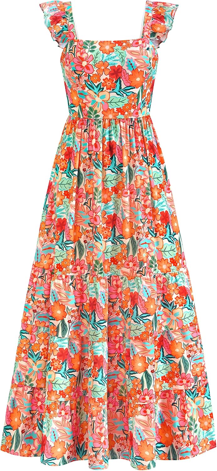 dowerme Summer Dresses for Women 2026 Casual Ruffle Smocked Tiered A-Line Boho Floral Maxi Beach Sun Dress with Pockets