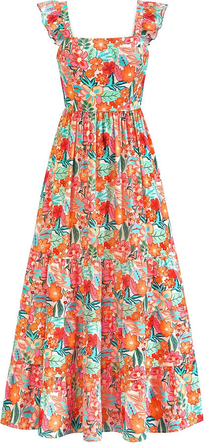 dowerme Summer Dresses for Women 2026 Casual Ruffle Smocked Tiered A-Line Boho Floral Maxi Beach Sun Dress with Pockets