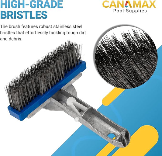 Upgraded 2025 Canamax Heavy Duty 5in Pool Brush - Aluminium Handle with Stainless Steel Bristle Wire - Compatible with Cleaning Pool Walls, Tiles, Floors, Steps, and Corners