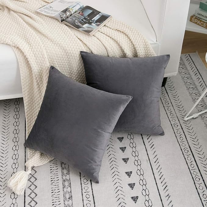 RainRoad Velvet Decorative Throw Pillow Covers Cushion Cover Pillow Case for Sofa Couch Bed Chair,Soft Square Gray Throw Pillows 18x18 Inch,Set of 2