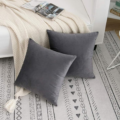 RainRoad Velvet Decorative Throw Pillow Covers Cushion Cover Pillow Case for Sofa Couch Bed Chair,Soft Square Gray Throw Pillows 18x18 Inch,Set of 2