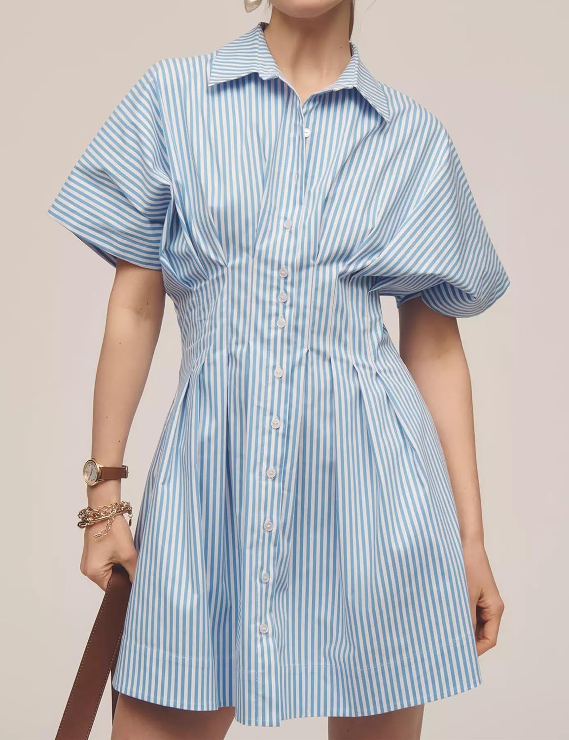 synound Women’s Button Front Down Pleated Shirt Dress Summer Casual Striped Short Sleeve Blouse Mini Dresses