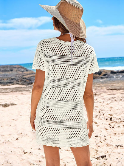 Crochet beach dress with mesh knit, perfect for summer vacations and daily wear.