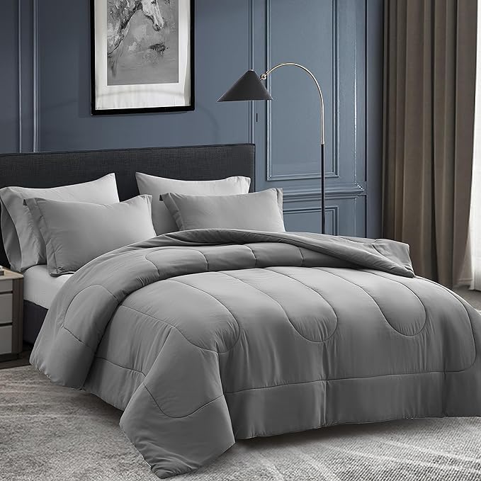 MapleStone Queen Size Comforter Set 7 Pieces Bed in a Bag - Down Alternative Bed Set with Sheets, Pillowcases  Shams, Soft Reversible Duvet Insert for Queen Bed, Dark Grey  Light Grey