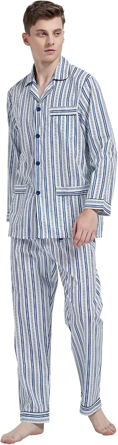 amaxer Mens 100% Cotton Pajamas Set Long Sleeve Pjs Button Fly Pants Soft Elastic Drawstring Waistband Bottoms
