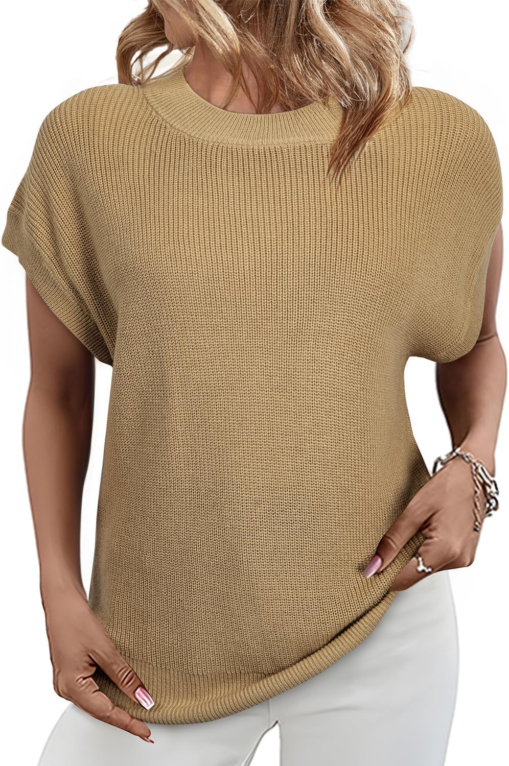 Womens Sweaters Crewneck Short Sleeve Shirts Casual Ribbed Knit Pullover Sweater Loose Tops for Women 2025