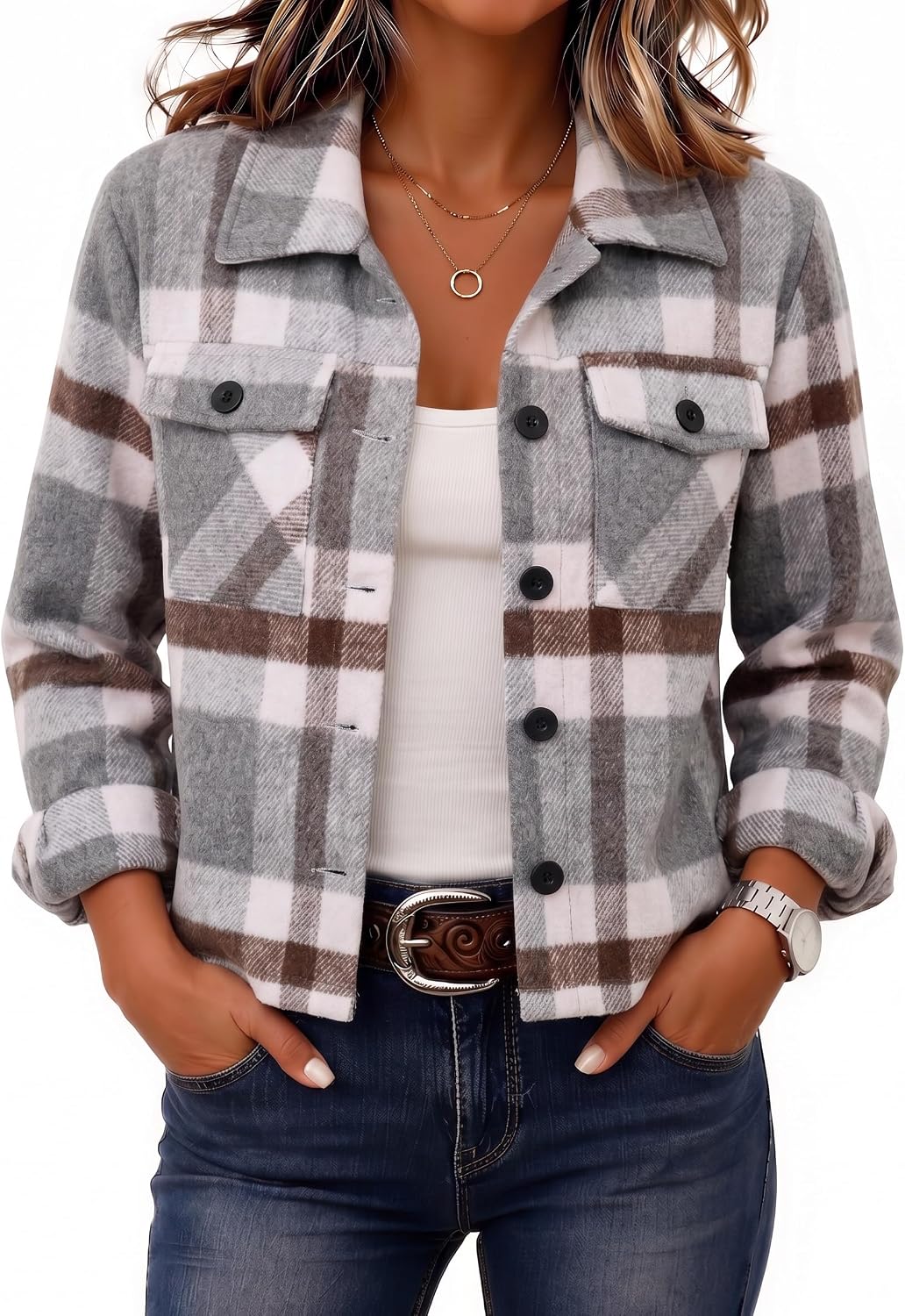 Zeagoo Flannels for Women Cropped Shacket Jacket Fashion Plaid Button Down Shirt