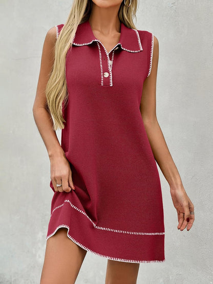 Wenrine Womens Sleeveless Mini Dress Casual Collared V Neck Contrast Stitch Loose Summer Knit Tank Dresses