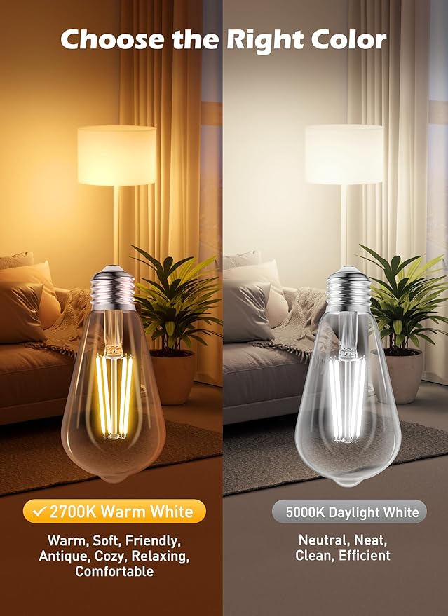 Brightown 6 Pack LED Edison Light Bulbs, 6W, Equivalent 60W, High Bright 2700K Warm White,750 Lumens, Non-Dimmable, E26 Base ST58 Antique Filament Bulbs with 80 CRI for Ceiling Fan Bathroom Porch