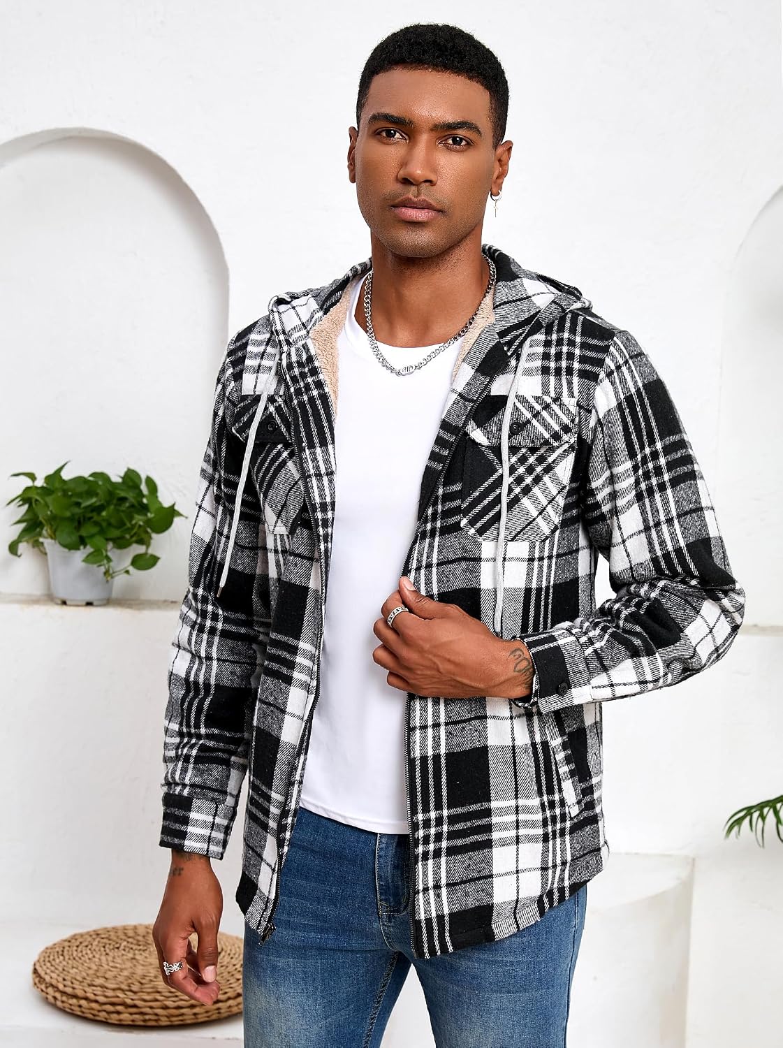 Men's Full Zip Sherpa Lined Flannel Jacket Fleece Hooded Plaid Jacket with Hood for Men
