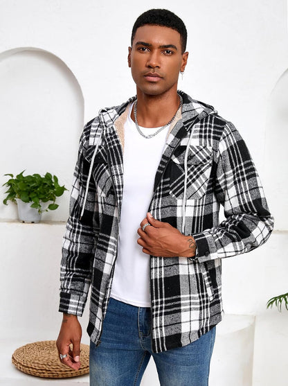 Men's Full Zip Sherpa Lined Flannel Jacket Fleece Hooded Plaid Jacket with Hood for Men