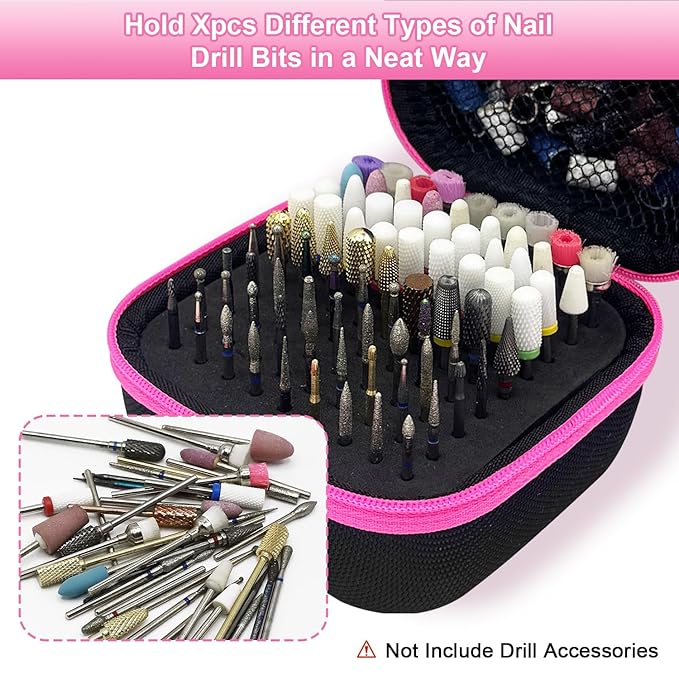 81 Holes Nail Drill Bit Holder, (ONLY CASE) Nail Bits Display Organizer Container, Dustproof Portable Organizer Storage Bag, Efile Nail Bits Professional Manicure Tools, for Manicure Tools (Pink)
