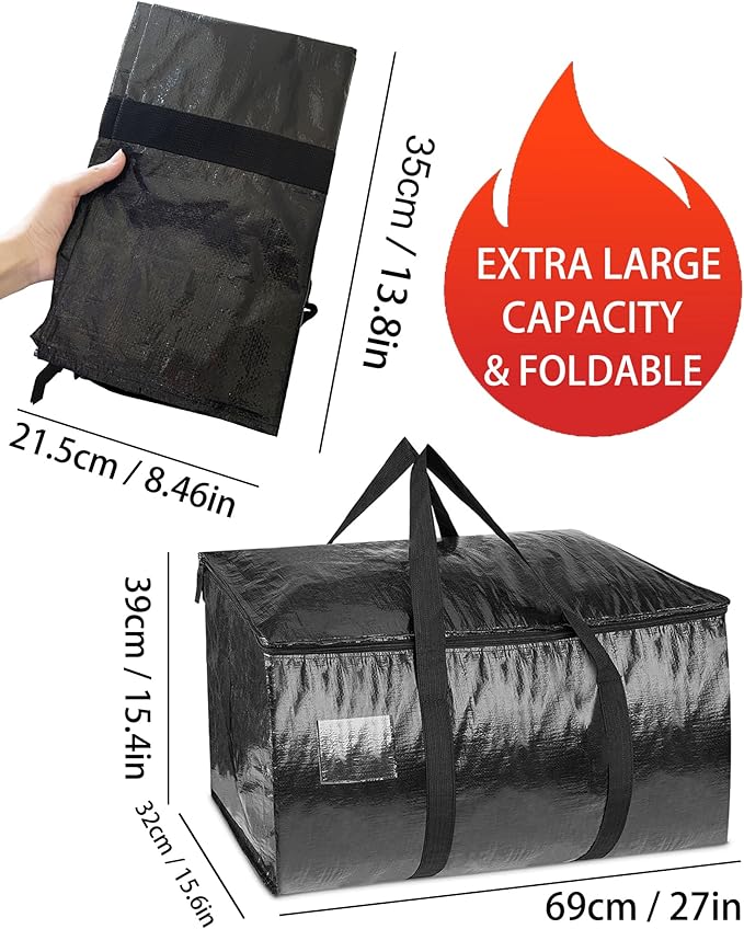 1 Pcs Extra Large Moving Bags YQBOOM Foldable Heavy Duty Storage Bag Strong Handles and Zippers Organizer Bag Storage Tote for Space Saving, House-Moving, Traveling  Black