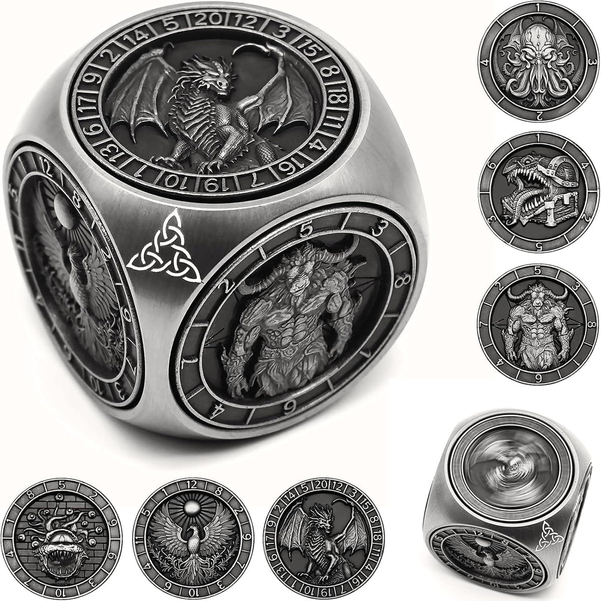 DND Spinner Dice, 7 in 1 Unique Metal Dice Set with 3D Relief for Dungeons and Dragons Gifts, Cool Polyhedral Role Playing Game Dice, Fantasy D&D Tabletop RPG Accessories for DM & Player (Silver)