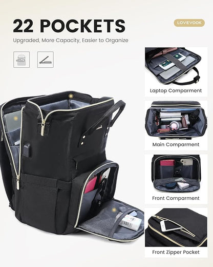 LOVEVOOK 17.3 Inch Laptop Backpack, Large Travel Backpack for Women, Water Resistant Teacher Backpack with Laptop Compartment, Professional Business Work bags with Charger, Black