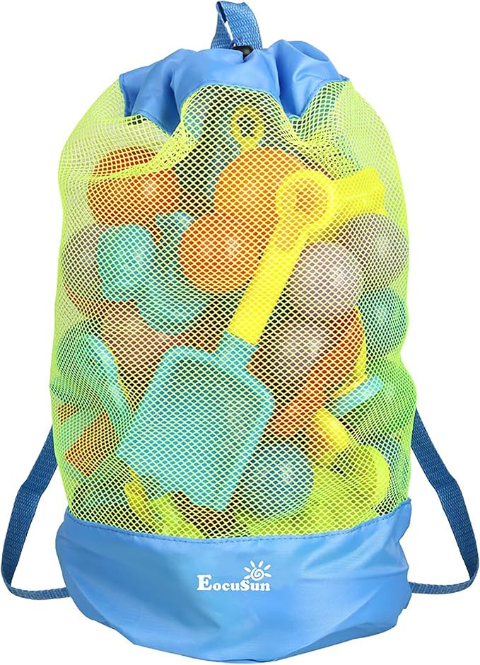 EocuSun Large Mesh Beach Bag Tote Durable Sand Away Drawstring Beach Backpack Swim and Pool Toys Balls Storage Bags Packs, Stay Away from Sand and Water, Toy Not Included