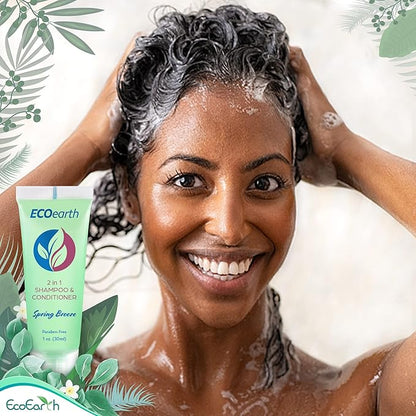 EcoEarth Travel Size Shampoo Conditioner 2-in-1 (1 fl oz, 100 PK, Spring Breeze) Delight Your Guests wRevitalizing  Refreshing Conditioning Shampoo Amenities, Small Size Hotel Toiletries in Bulk