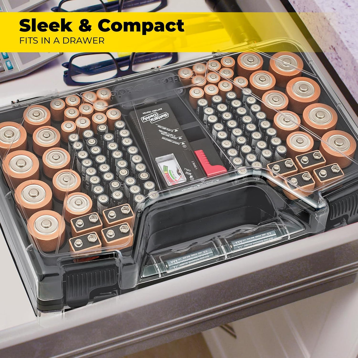 Battery Daddy Storage & Organizer Case w/Tester, Stores & Protects Up to 180 Batteries, Double-Sided, Clear Locking Lid, Secure Latches & Portable Carrying Handle - Charcoal (Batteries Not Included)