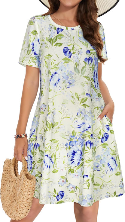Summer Dresses for Women Casual Tshirt Short Sleeve Floral Sundress Beach Cover Ups with Pockets 2026