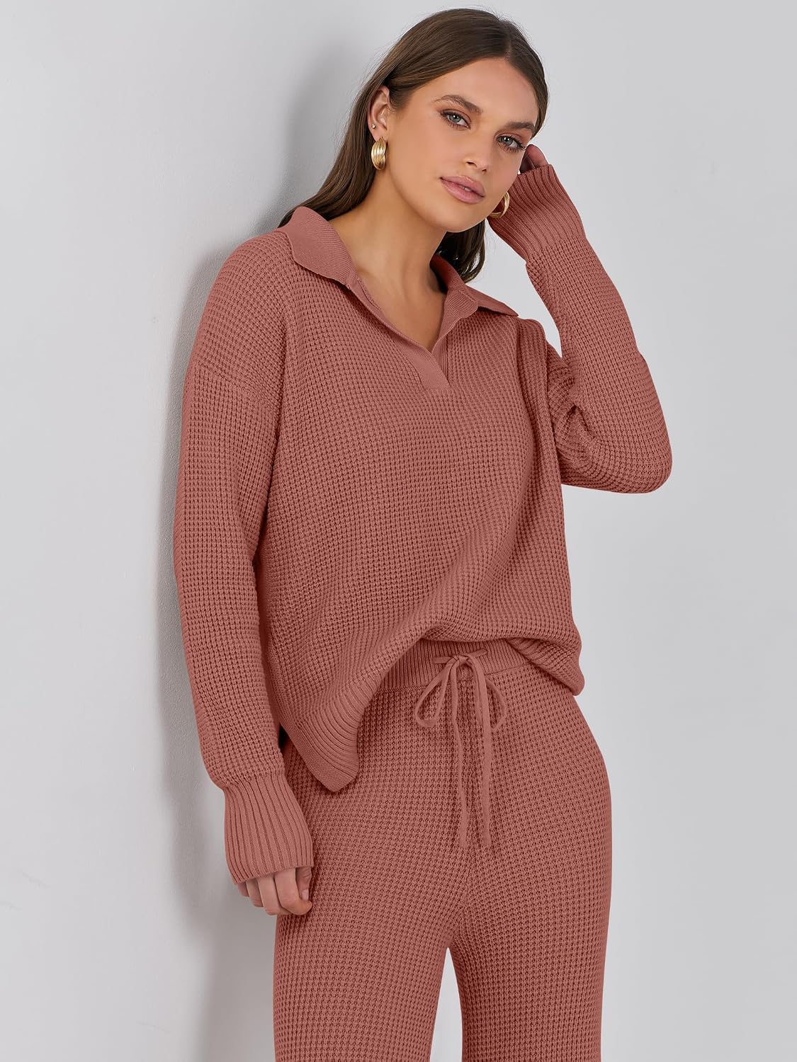 ANRABESS Women Two Piece Outfits Sweater Sets Lounge Waffle Knit Pullover Matching Wide Leg Pants Tracksuit 2025 Fall Fashion Medium
