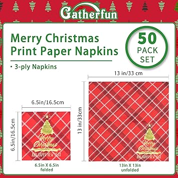 Gatherfun Christmas Party Supplies Red and Black Plaid Disposable Paper Napkins for Merry Christmas New Year Party Decorations, 50 Pack