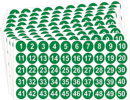 Number decals, consecutive number decals from 1 to 50, 10 sheets of round number labels, green vinyl small number decals for office, classroom, storage,