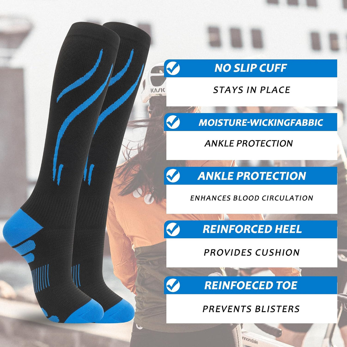 fenglaoda 3 Pairs Compression Socks for Women & Men Knee High Nurse Pregnant Cute Medical Running Travel Athletic ( 2 Blue-1Yellow )