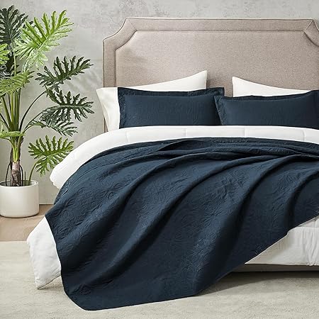 Hansleep Navy Quilt Queen Size - Baroque Ultrasonic All Season Bedspread Queen, Soft Lightweight Coverlet Bedding Set, 3 Pieces (1 Quilt, 2 Pillow Shams)