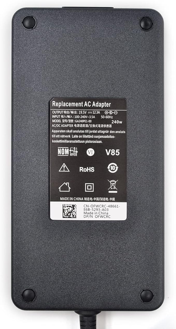 240W 180W 19.5V 12.3A AC Adapter Laptop Charger Replacement for Dell Alienware 13 15 17 R1 R2 R3 R4 R5 M17 M15 M11X M14X M17X M18X G3 G5 G7 Precision 7710 7730 7540 7520 M6500 M6600 with Power Cord