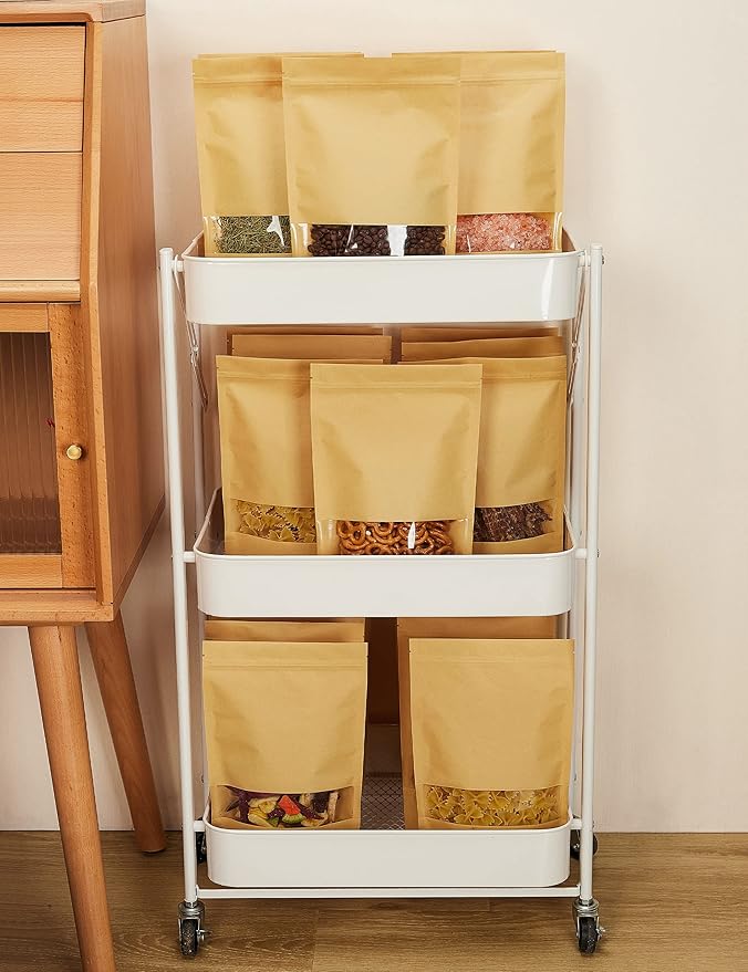 FireKylin 100 Pcs Kraft Paper Bags with Window, 7.1" x 10.2" Stand Up Pouches Bags, Zip Lock Food Storage Bags for Packaging Products, Reusable, Sealable
