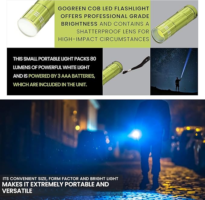 GoGreen Power GG-113-COBLM - COB LED Flashlight with batteries, Lime Green