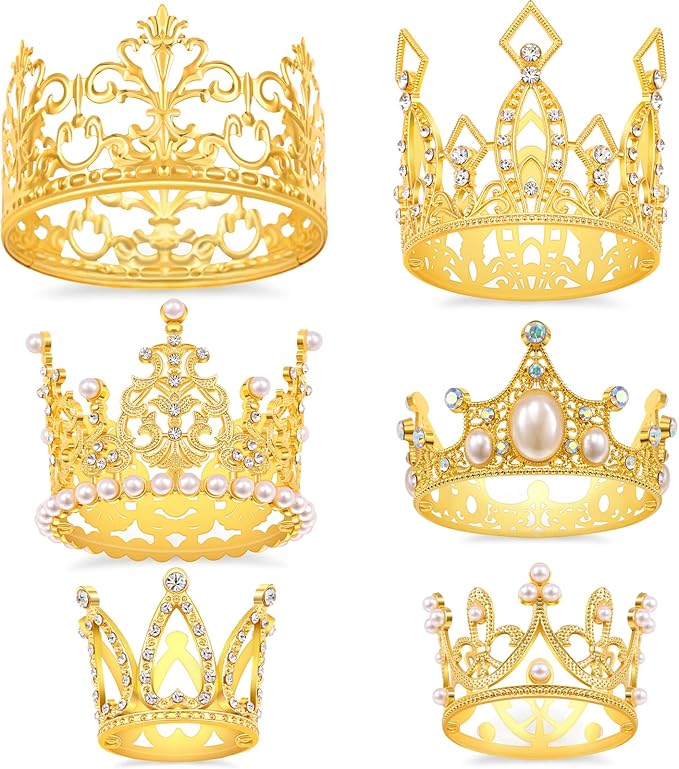 Gold Crown Cake Topper, 6 Pieces Happy Birthday Cake Toppers, Princess Crown Cake Decorations, Mini Crowns for Flower Arrangements, Birthday, Wedding, Party Decor (Gold-I, 6)