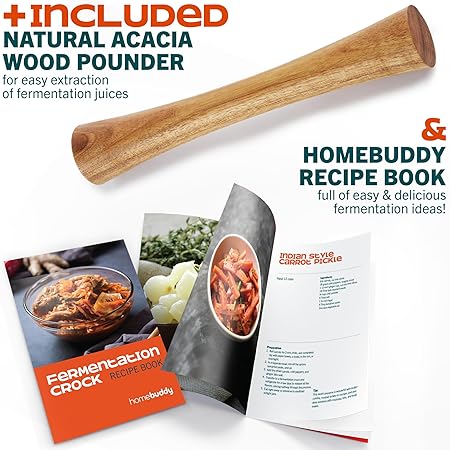 HomeBuddy Ivory Fermentation Crock (1 Gallon) with Weights, Acacia Wood Pounder and Recipie Book - Sauerkraut Fermentation Kit, Onggi Kimchi Jar, Fermenting Crock for Pickling or Sourdough