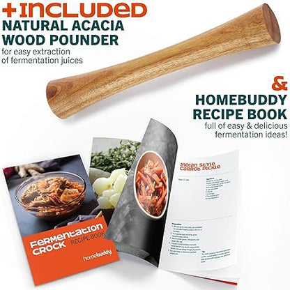 HomeBuddy Ivory Fermentation Crock (1 Gallon) with Weights, Acacia Wood Pounder and Recipie Book - Sauerkraut Fermentation Kit, Onggi Kimchi Jar, Fermenting Crock for Pickling or Sourdough
