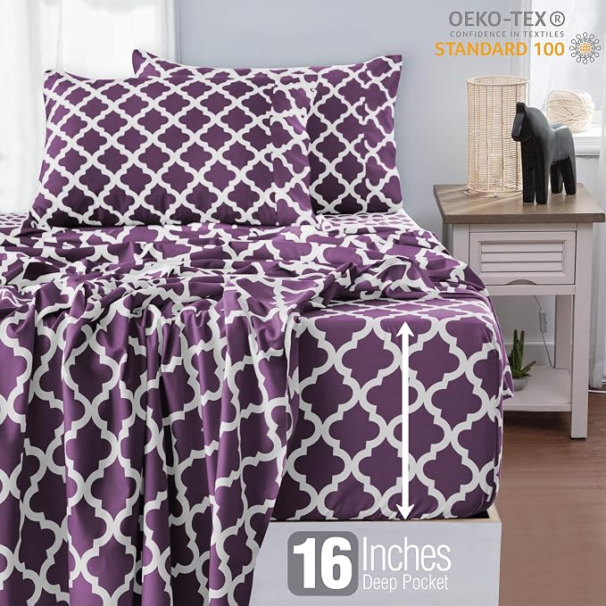 LUX Décor Quatrefoil Full Sheet Set - 4 Piece Ultra-Soft Microfiber Bed Sheets with Flat Sheet, 16 Inches Deep Pocket Fitted Sheet & Pillowcases, Breathable, Bedroom Decor, Oeko-TEX - Purple