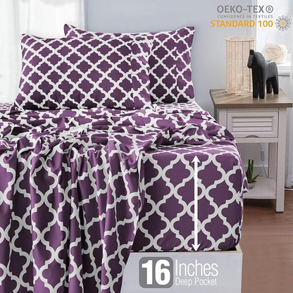 LUX Décor Quatrefoil Full Sheet Set - 4 Piece Ultra-Soft Microfiber Bed Sheets with Flat Sheet, 16 Inches Deep Pocket Fitted Sheet & Pillowcases, Breathable, Bedroom Decor, Oeko-TEX - Purple