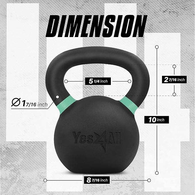 Yes4All Powder Coated Kettlebell, Cast Iron Core Kettlebells with Non-Slip Handle & Flat Bottom for Conditioning, Heavy Duty for Strength Training, 9lb to 71lb - Single