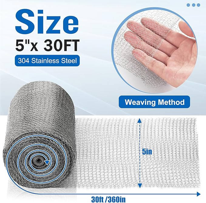 Valchoose Upgraded Not Rusty 5X 30 Ft Stainless Steel Mesh Gap Blocker, Flexible Stainless Steel Wool Holding up Well Tight Spots, Wire Mesh Hole Fill Fabric, Stainless Steel Mesh Roll Easy to Work