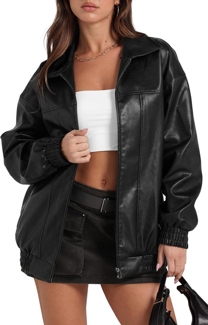 Oversized, baggy faux leather jacket from SAMPEEL, perfect for fall and winter outfits.