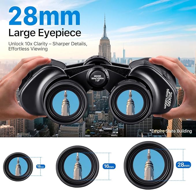 Adult Binoculars 20 x 50 inch High Power Binoculars for Bird Watching 1.102 in, Large Waterproof Eyepiece, Hunting, Hiking, Travel Concert with BAK4 FMC Prism Smartphone Adapter, Black Color