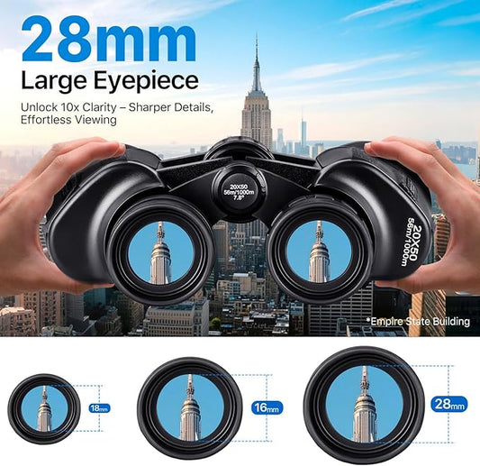 Adult Binoculars 20 x 50 inch High Power Binoculars for Bird Watching 1.102 in, Large Waterproof Eyepiece, Hunting, Hiking, Travel Concert with BAK4 FMC Prism Smartphone Adapter, Black Color