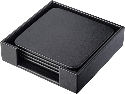 Dacasso Black Leather 4-Square Coaster Set
