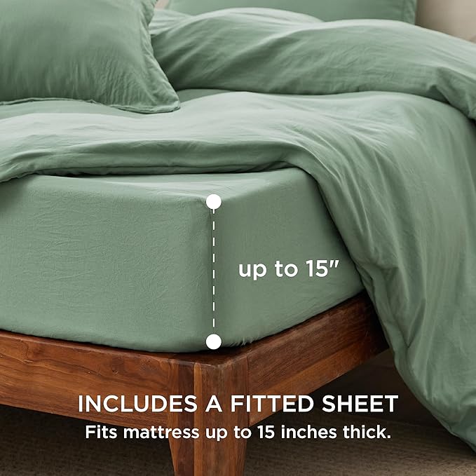 Bedsure Duvet Cover Queen Size with Fitted Sheet - 4 Pieces Prewashed Extra Soft Bedding Set, Includes 1 Duvet Cover 90x90 Inches with Zipper Closure, 2 Pillow Shams, 1 Fitted Sheet, Sage Green