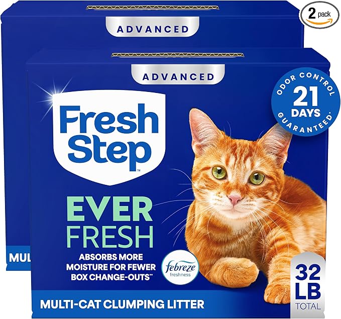 Fresh Step Advanced Ever Fresh Multi Cat Clumping Cat Litter, 16 lb., 2 Pk Ultra Absorbent to Last Longer, Scented with Febreze Freshness, Lowest Dust Formula, Compatible with Most Auto Litter Boxes