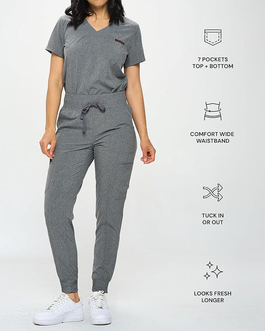 MONARCH UNIFORMS Slim Fit Stretchy Scrubs Women's Jogger Scrub Set Slim Jogger Scrubs with Tuck-In Top for Women