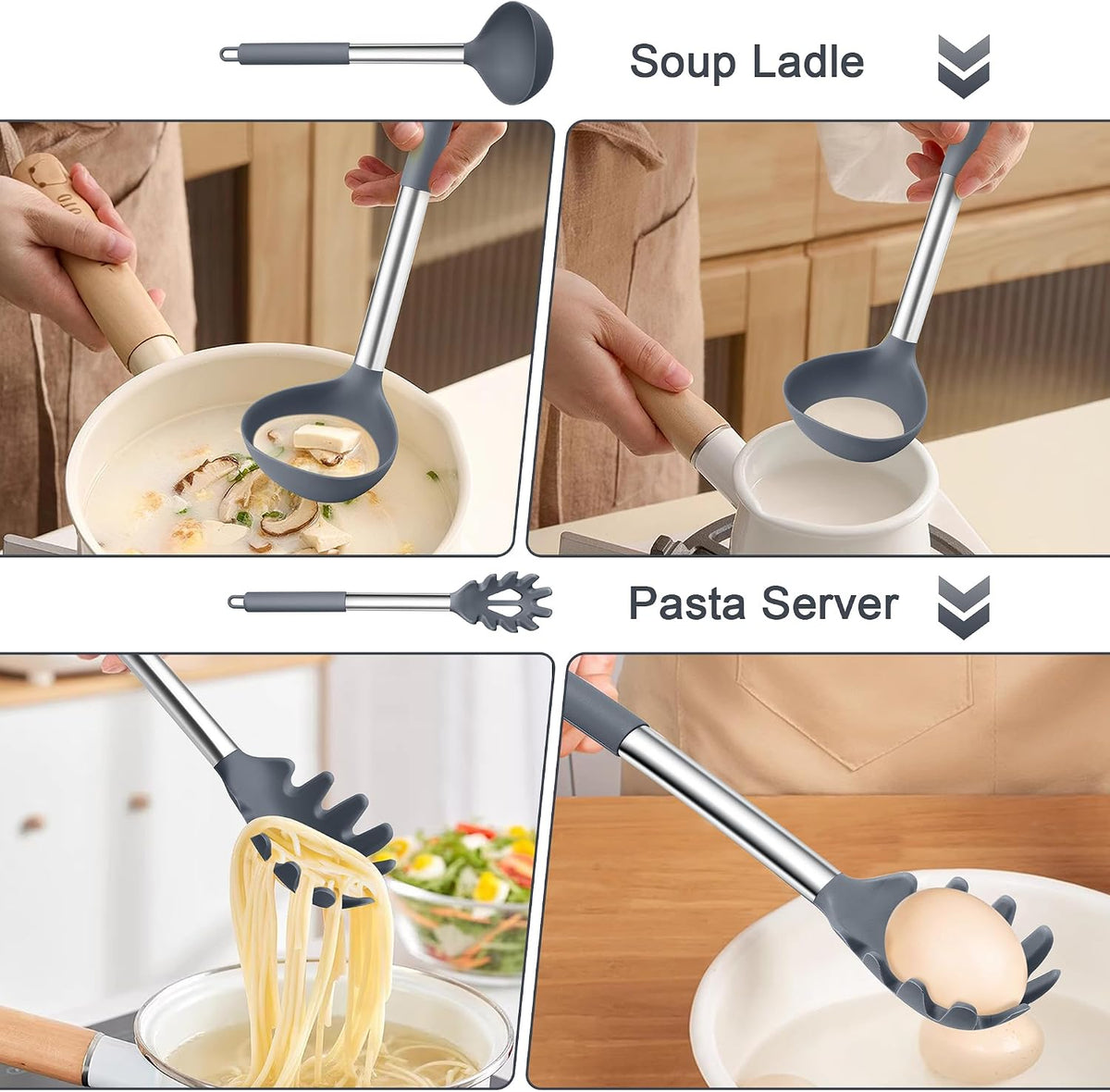 TeamFar Silicone Kitchen Utensils, 2 Pcs Large Nonstick Soup Ladle and Pasta Fork for Cooking Mixing Serving Soup, Sauce, Spaghetti, Eggs, Non-Toxic & Heat-Proof, Dishwasher Safe, Light Grey