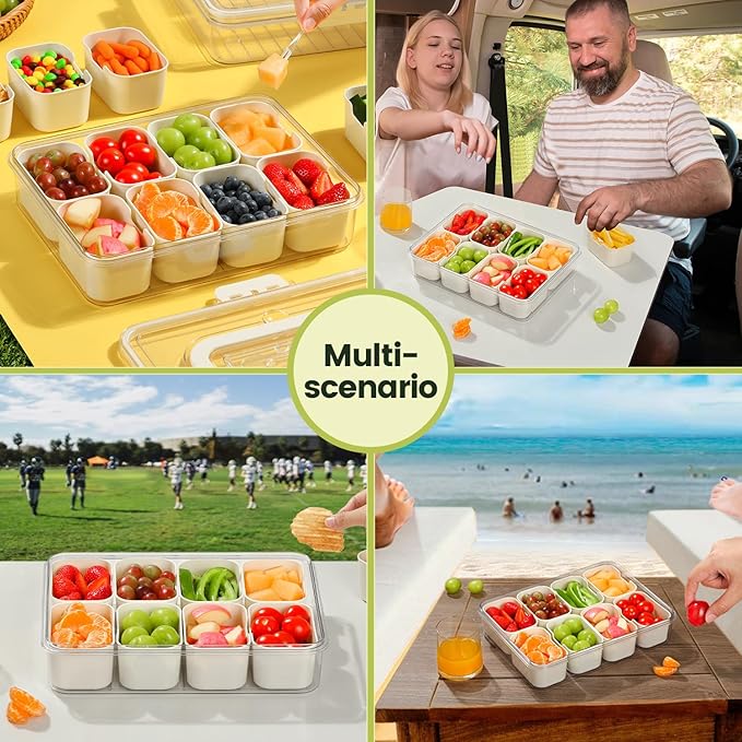 Portable Snackle Box Container, Divided Snack Tray with Lid and Handle, Clear Snack Box Container with 8 Compartments