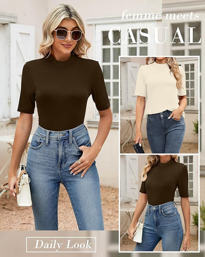 Ficerd 2 Pack Women's Mock Turtleneck T Shirts, Half Sleeve Business Casual Tunic Tops Slim Fit Summer Basic Dressy Tee Shirt